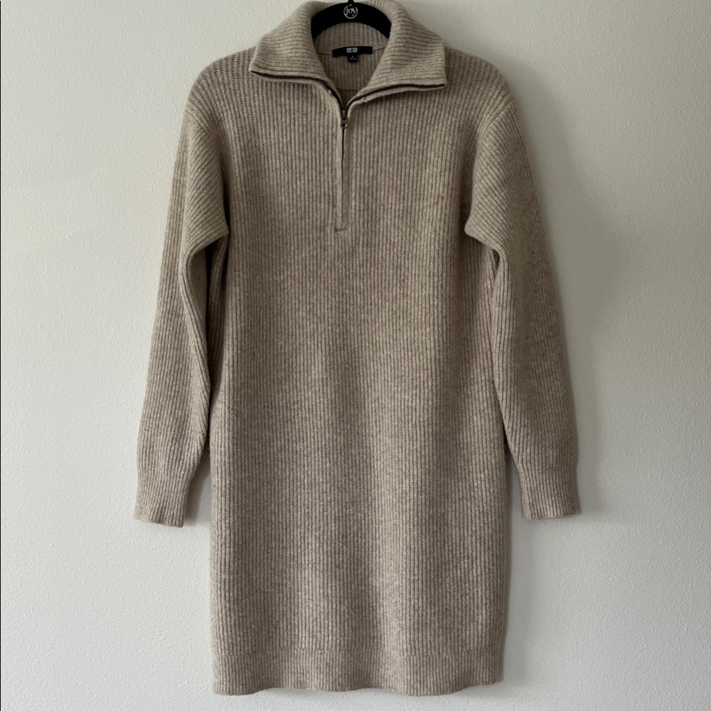 Uniqlo Beige Ribbed Zip-Up Sweater Dress